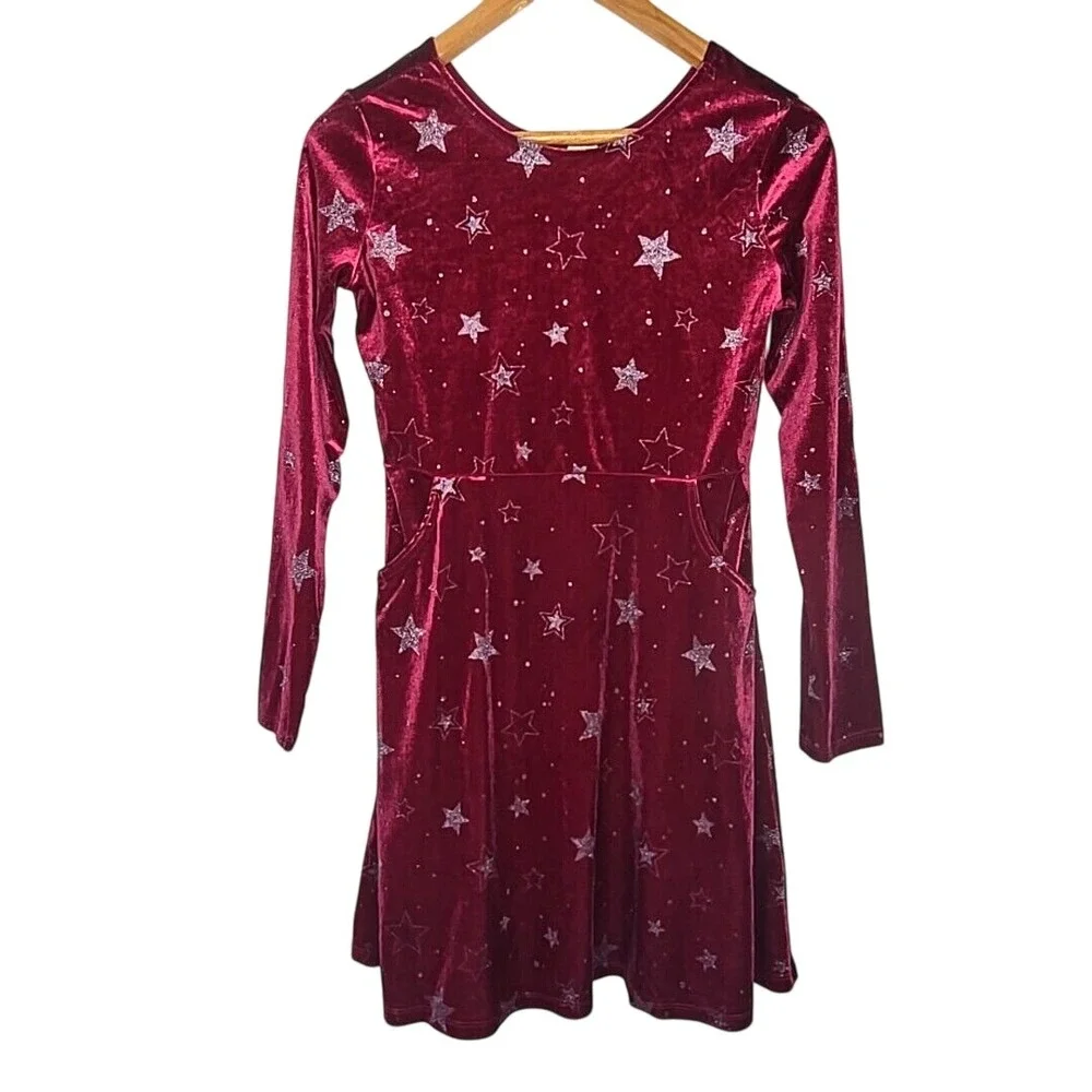 Gymboree Velvet Star Dress Kids XL 14 Burgundy Glitter Celestial Holiday Skater